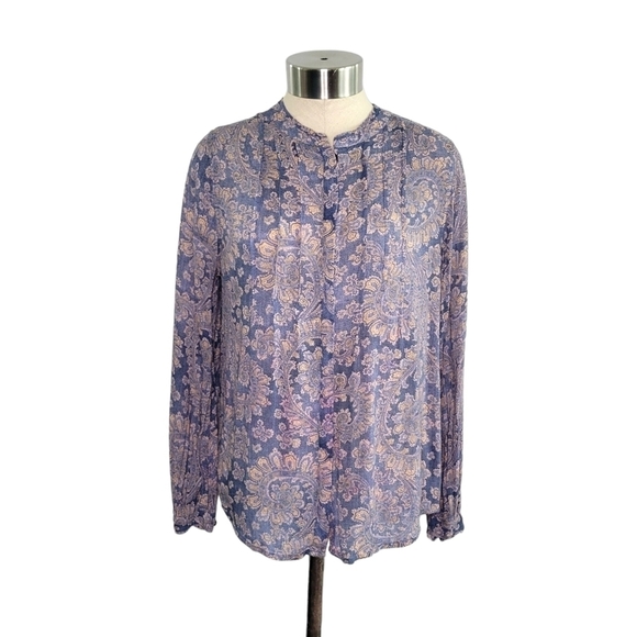 Lucky Brand Pleated Semi-Sheer Long Sleeve Button-Up Blouse Women's Size XS Blue - Picture 1 of 10